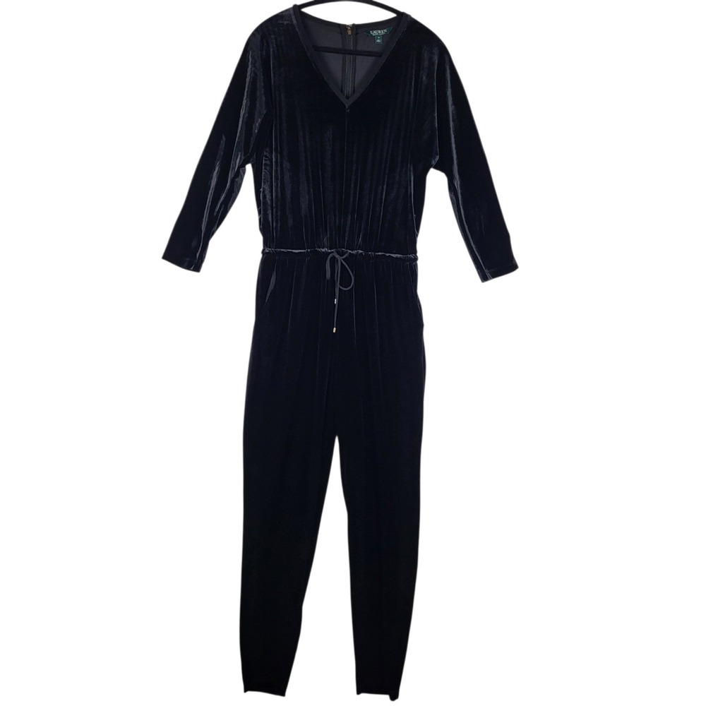 Lauren Ralph Lauren Velvet Velour Jumpsuit Women's Medium Black Long Sleeve